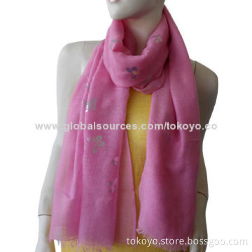 Woven scarf with butterfly foil and lino weaving, pink plain dye/made of poly+viscose/180*70+1.5cm